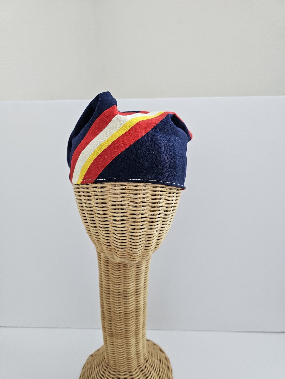 Vintage Navy Blue Triangular Head Scarf – Red Yellow White Racing Stripe Bandana